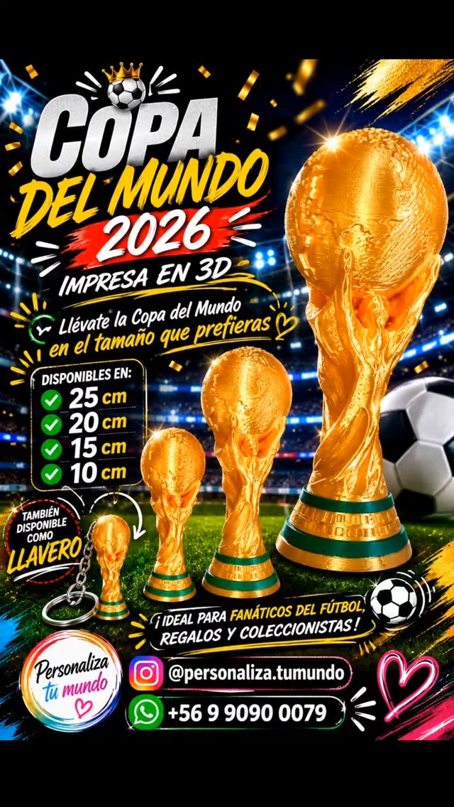 Réplicas doradas de la Copa del Mundo impresas en 3D en varios tamaños
